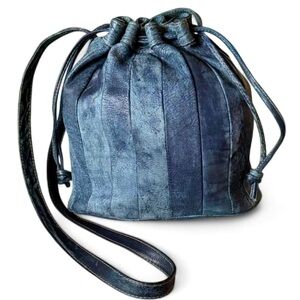 Leather Bucket Bag Blue Gray Vintage Crossbody 90s